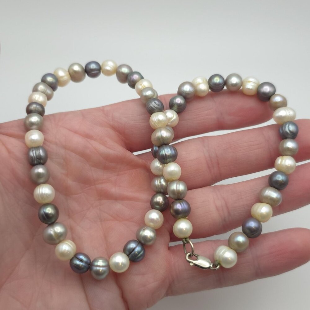 16 Inch Sterling Silver White Grey Blue Genuine Pearls Necklace B262
